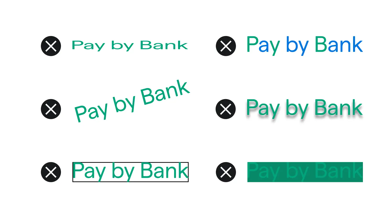 Examples of incorrect Pay by Bank logo usage