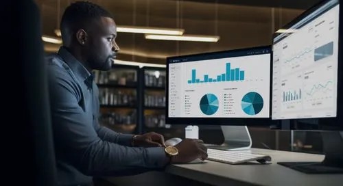 Data analyst reviewing cannabis analytics dashboards on multiple monitors