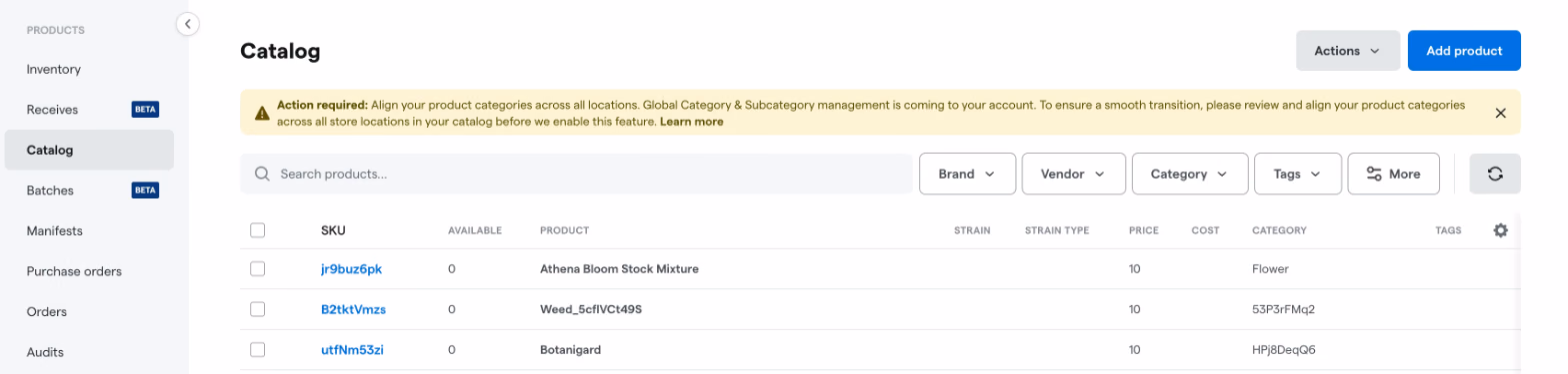 Global Category and Subcategory alignment banner in the Catalog