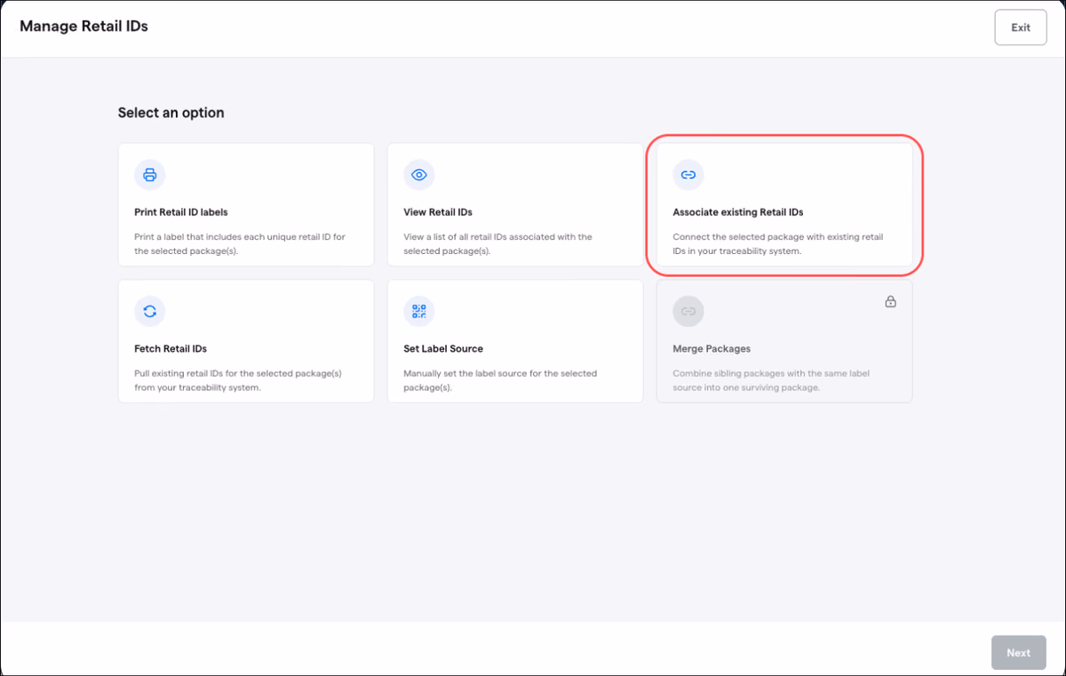 Associate existing Retail IDs in the Manage Retail IDs screen