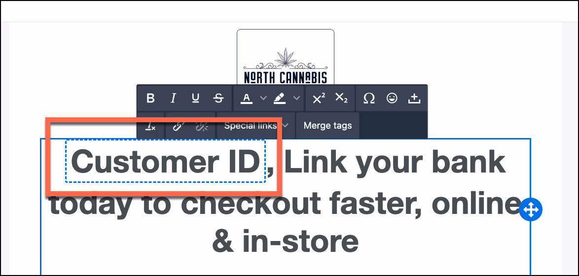Customer ID merge tag highlighted in the campaign editor