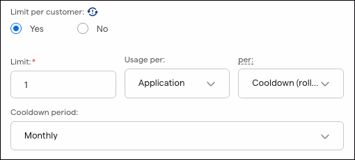 Discount wizard limit-per-customer settings with Usage per Application and a monthly Cooldown period