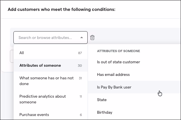 Keyword search in the Segments builder attribute picker