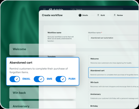 Personalized multi-channel campaigns: workflow builder showing abandoned cart, welcome, win back, and birthday automations across email, SMS, and push