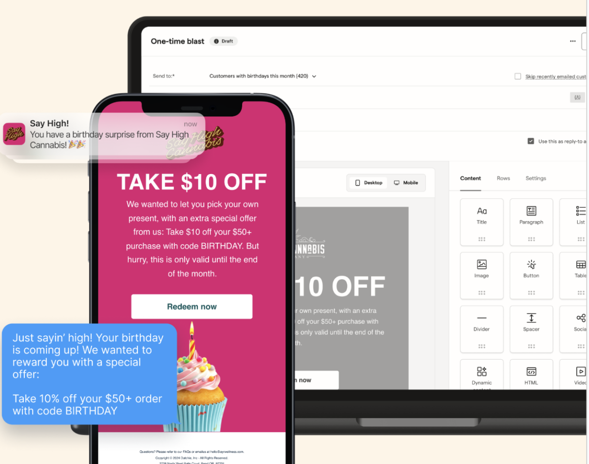 Flexible loyalty rewards: birthday campaign email and SMS notification with a special offer for customers