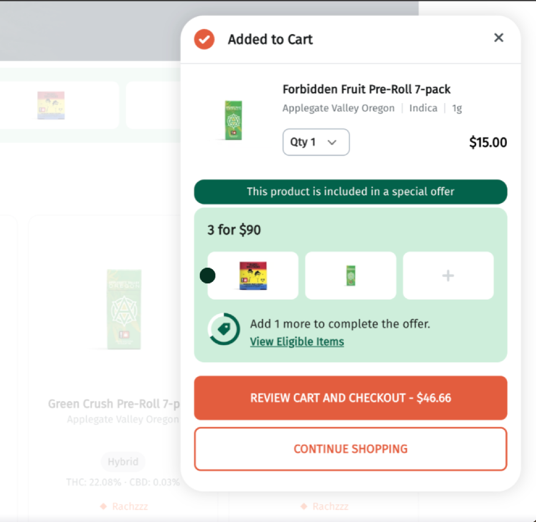 Bundle offer gamification: shopper sees a '3 for $90' special offer with progress toward completing the deal as they add eligible items to cart