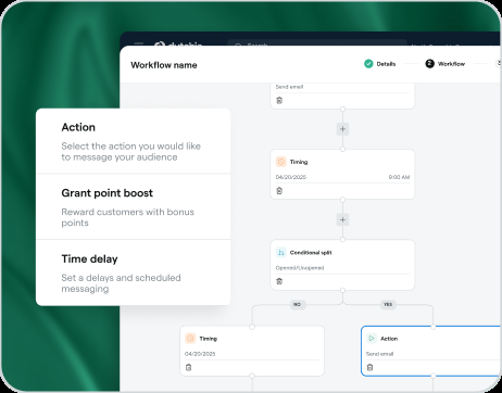 Workflow automation builder — triggers, timing, conditional splits, actions