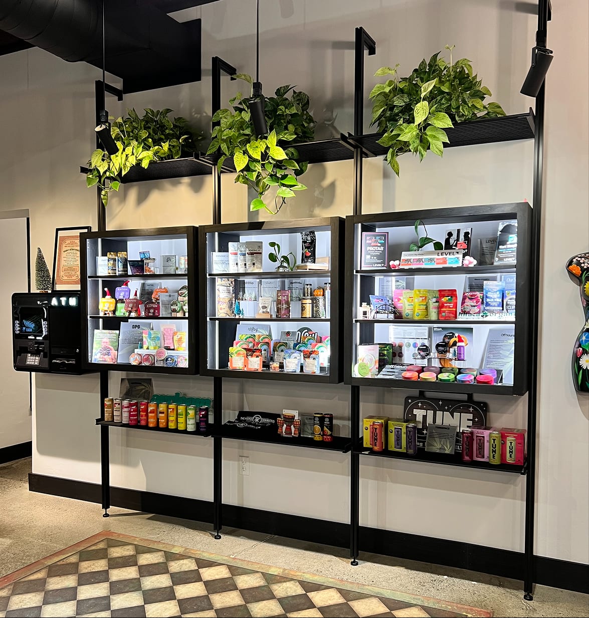 Product display shelving at The Highly Connected